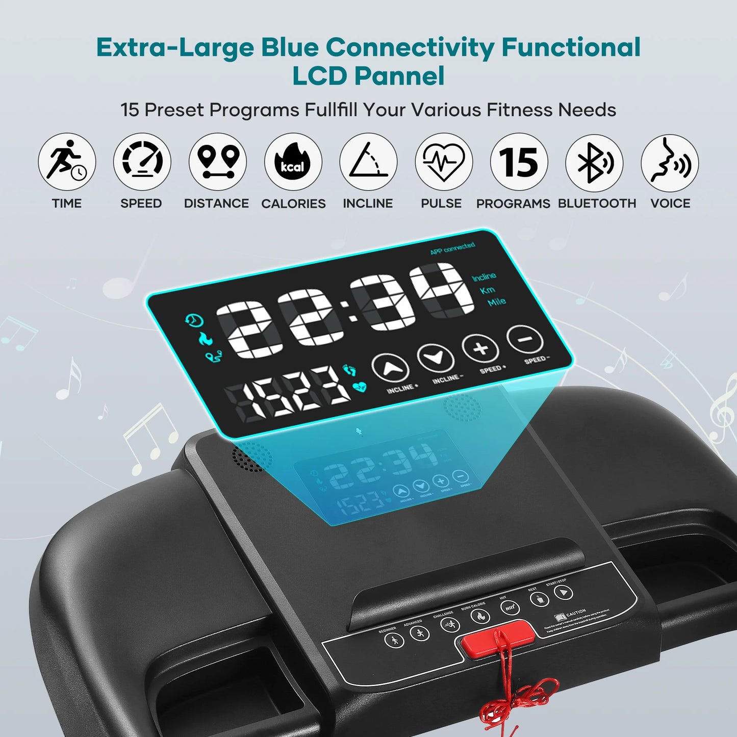 Naipotreadmill with Auto Incline Bluetooth Voice Control 17 in Wide Electric Treadmill Folding Machine 15 Level Auto 8.8 Mhp Speed for Home Use Gifts